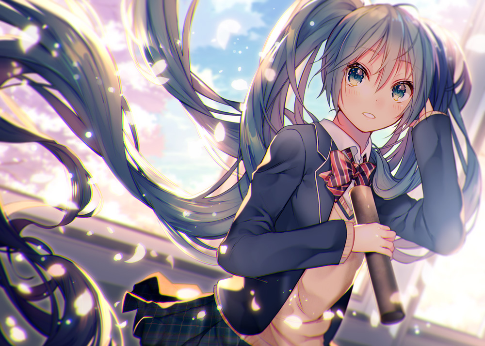 1girl absurdly_long_hair bangs blazer blue_blazer blue_eyes blue_hair blue_sky blurry blurry_background blush bow bowtie cardigan clouds collared_shirt commentary_request day depth_of_field dutch_angle eyebrows_visible_through_hair hair_between_eyes hatsune_miku holding indoors jacket long_hair long_sleeves looking_at_viewer open_blazer open_clothes open_jacket parted_lips petals plaid plaid_skirt pleated_skirt shiomizu_(swat) shirt sidelocks skirt sky solo striped_neckwear tube twintails unmoving_pattern very_long_hair vocaloid white_shirt window