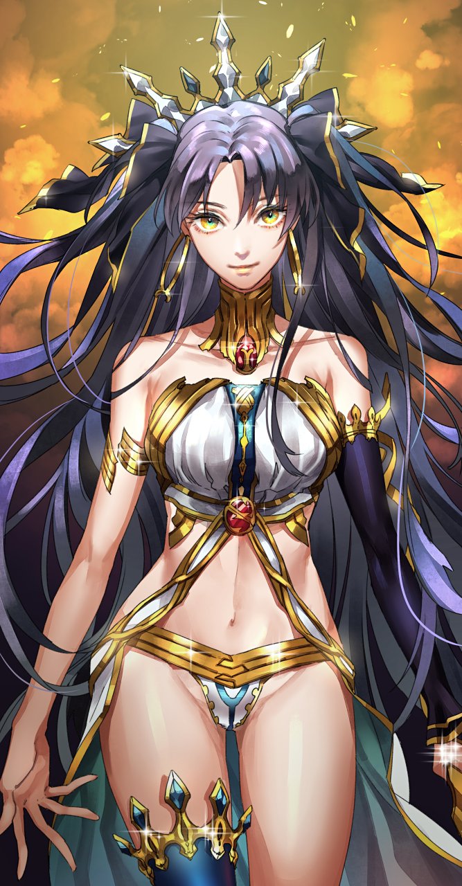 1girl arms_at_sides black_hair breasts commentary_request cropped_legs drill_hair eyebrows_visible_through_hair fate/grand_order fate_(series) hair_between_eyes headwear highres ishtar_(fate/grand_order) long_hair looking_at_viewer midriff_peek multicolored navel simple_background solo thigh_gap yellow_eyes yosi135