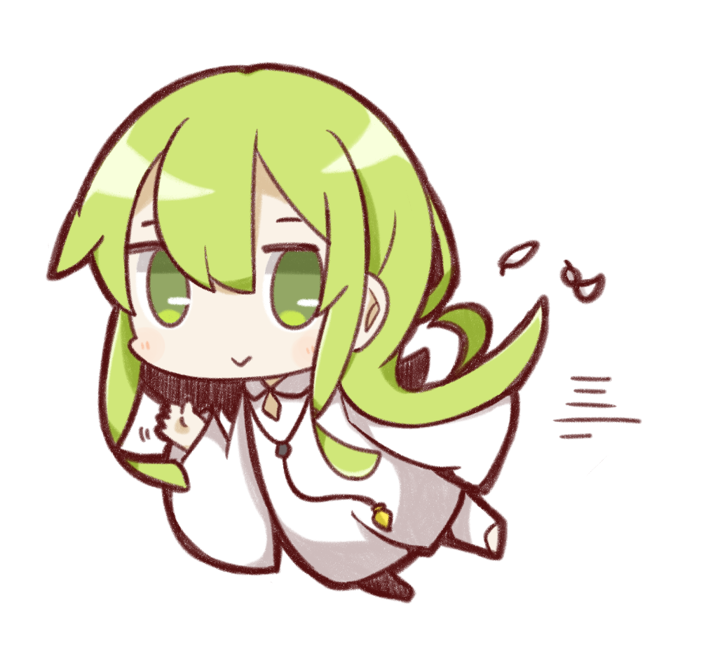 :&gt; androgynous enkidu_(fate/strange_fake) fate/strange_fake fate_(series) feathers flying full_body green_eyes green_hair long_hair looking_at_viewer nuu_(nu-nyu) simple_background solo waving white_background white_robe