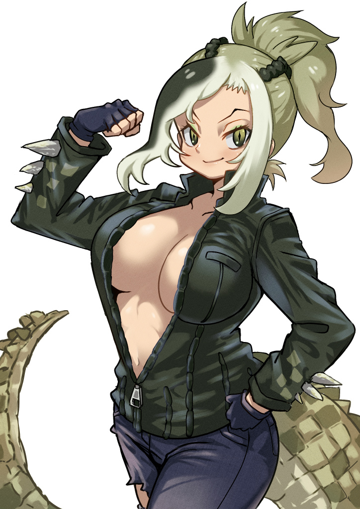 1girl arm_up asymmetrical_hair braid breast_pocket breasts breasts_apart closed_mouth collarbone collared_jacket crocodilian_tail denim fingerless_gloves flexing french_braid gloves green_eyes green_hair green_jacket hand_on_hip high_collar high_ponytail jacket jeans kemono_friends large_breasts long_hair long_sleeves looking_at_viewer multicolored_hair navel no_bra pants partially_unzipped pocket pose saltwater_crocodile_(kemono_friends) simple_background slit slit_pupils smile solo spikes spirits_hatch stomach tail torn_clothes torn_jeans torn_pants white_background zipper zipper_pull_tab