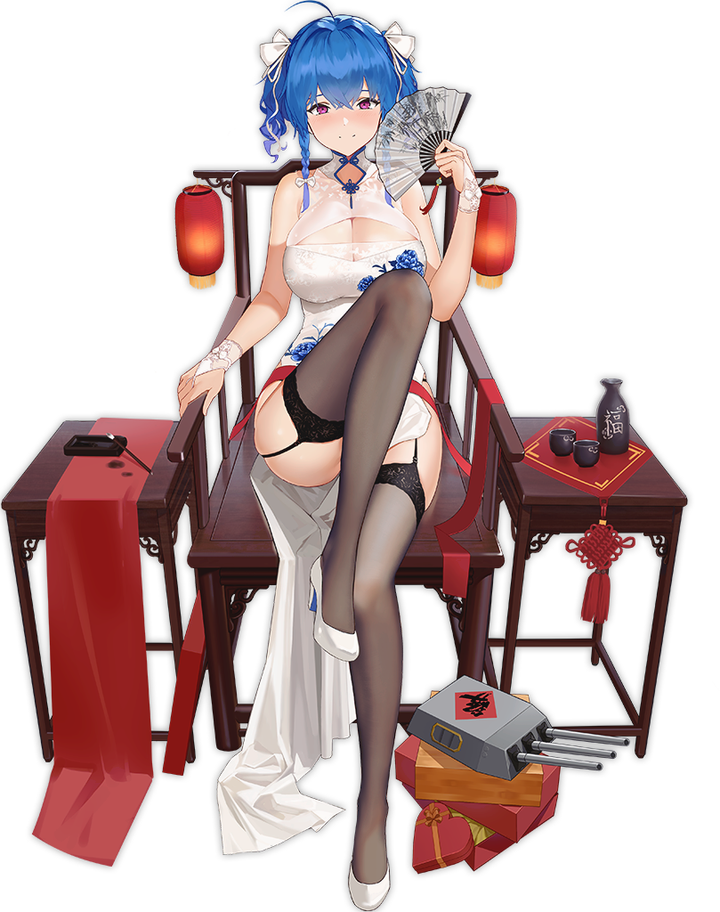 1girl ahoge blue_hair braid breasts china_dress chinese_clothes cleavage_cutout closed_mouth crossed_bangs dress fan full_body garter_straps grey_legwear hair_intakes hair_ribbon holding holding_fan large_breasts looking_at_viewer mr_cloud official_art pelvic_curtain pink_eyes ribbon short_hair side_slit simple_background sitting smile solo st._louis_(azur_lane) tachi-e thigh-highs transparent_background twin_braids twintails white_dress white_ribbon