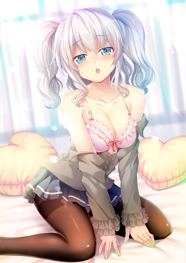 1girl :o aqua_eyes bangs bare_shoulders bed bed_sheet blue_skirt blush bra breasts brown_legwear cleavage collarbone curtains eyebrows_visible_through_hair feet_out_of_frame frilled_bra frilled_sleeves frills grey_shirt half-closed_eyes heart heart_pillow indoors izumi_akane kantai_collection kashima_(kantai_collection) kneeling leaning_forward long_sleeves looking_at_viewer medium_breasts miniskirt off_shoulder on_bed open_clothes open_mouth open_shirt panties panties_under_pantyhose pantyhose pillow pink_bra pleated_skirt red_ribbon ribbon shiny shiny_hair shiny_skin shirt short_hair short_twintails silver_hair skirt solo thighband_pantyhose twintails underwear wavy_hair