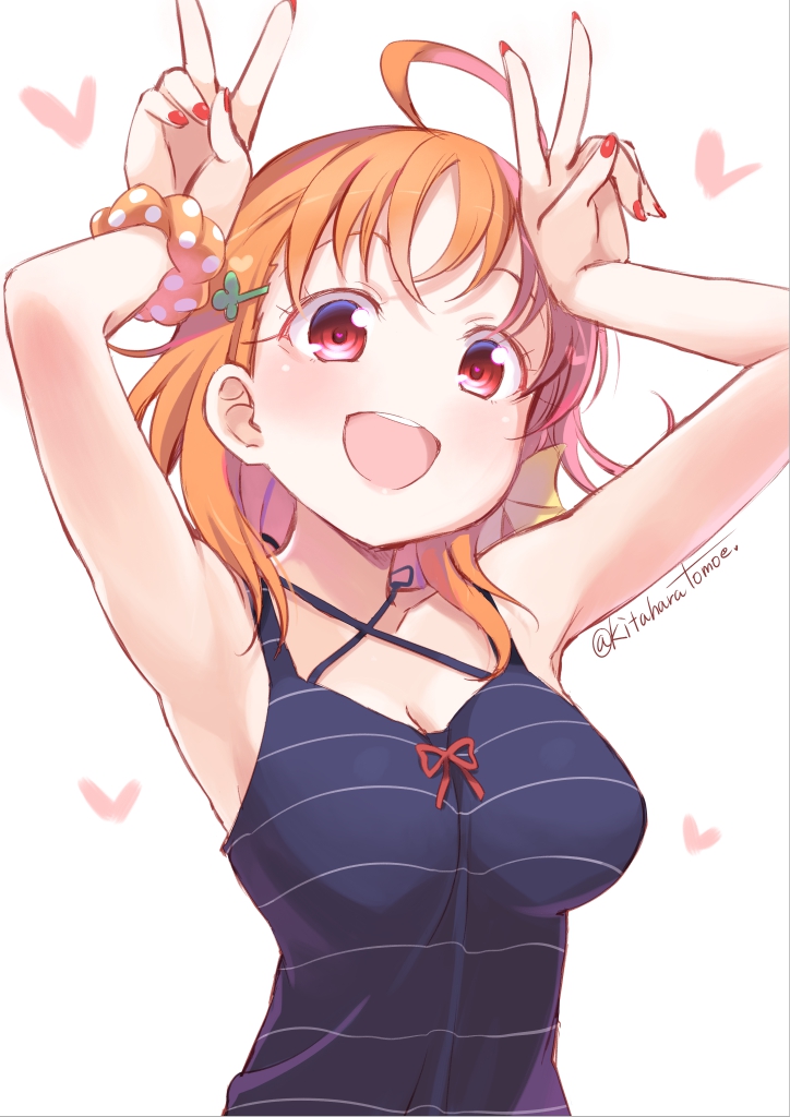 1girl :d ahoge armpits arms_up artist_name black_shirt breasts cleavage clover_hair_ornament collarbone double_v hair_ornament kitahara_tomoe_(kitahara_koubou) long_hair love_live! love_live!_sunshine!! medium_breasts nail_polish open_mouth orange_hair red_eyes red_nails red_ribbon ribbon shirt sleeveless sleeveless_shirt smile solo takami_chika upper_body v white_background