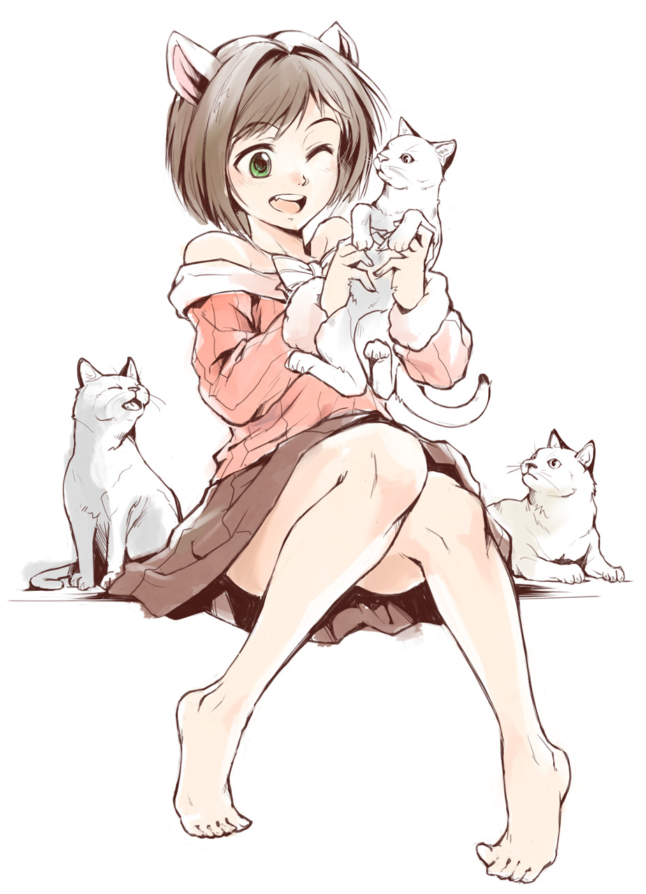 1girl 205str animal animal_ears bare_legs bare_shoulders barefoot bow brown_hair cat cat_ears commentary_request eyebrows_visible_through_hair fang full_body green_eyes highres holding_cat idolmaster idolmaster_cinderella_girls long_sleeves maekawa_miku multiple_cats one_eye_closed open_mouth ribbed_sweater short_hair simple_background sitting skirt smile solo strapless sweater white_background white_cat