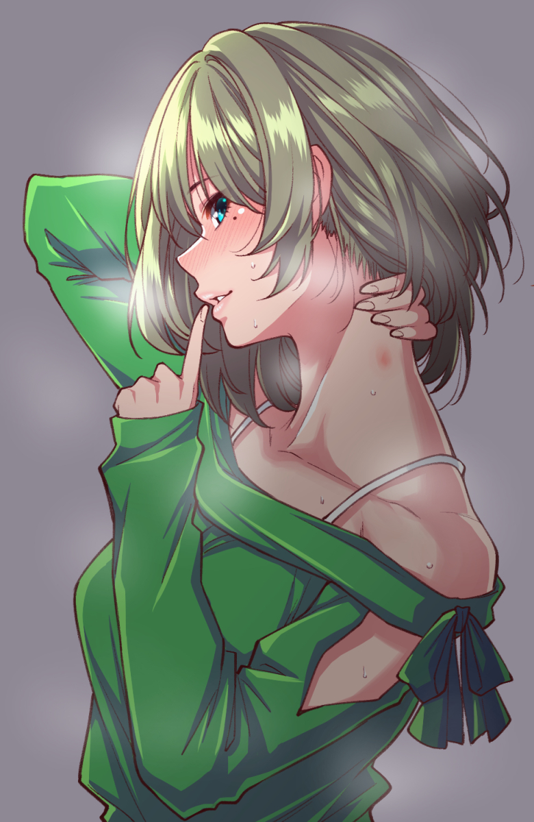 1girl arm_up bangs blush breasts brown_hair collarbone finger_to_mouth green_eyes green_sweater grey_background hand_on_neck heavy_breathing hickey highres idolmaster idolmaster_cinderella_girls index_finger_raised looking_at_viewer looking_to_the_side medium_breasts mole mole_under_eye neck off-shoulder_sweater off_shoulder parted_lips short_hair shouji_nigou simple_background smile solo spaghetti_strap steam sweat sweater takagaki_kaede