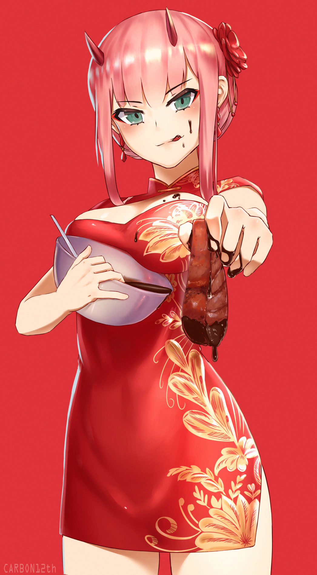1girl artist_name bangs bowl breast_lift breasts carbon12th china_dress chinese_clothes chocolate cleavage_cutout cowboy_shot darling_in_the_franxx dress eyebrows_visible_through_hair flower food food_on_breasts food_on_face green_eyes hair_flower hair_ornament hair_up highres holding holding_bowl holding_food horns licking_lips long_hair looking_at_viewer meat medium_breasts pink_hair red_background red_flower short_dress short_sleeves sidelocks solo tongue tongue_out valentine zero_two_(darling_in_the_franxx)