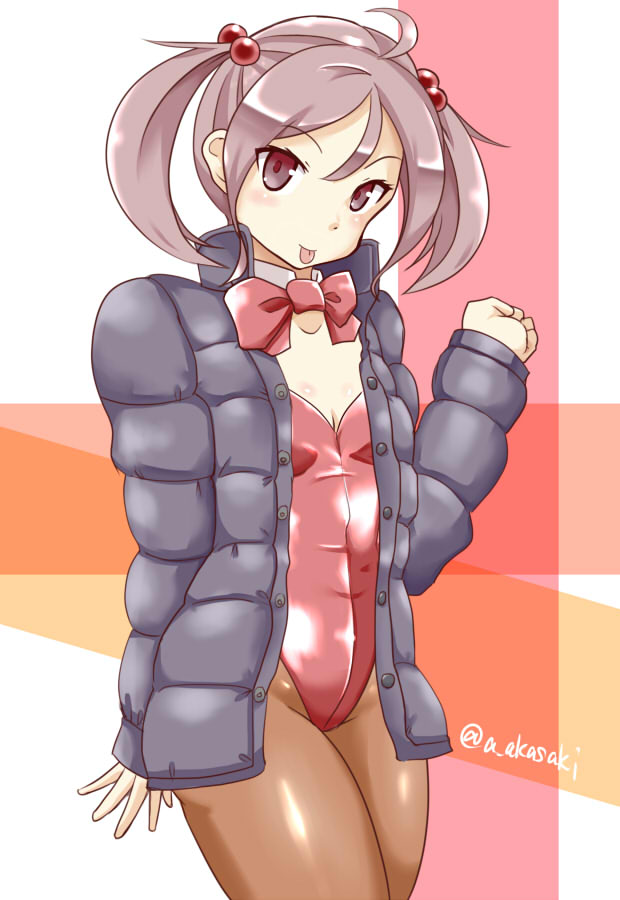 1girl akai_akasaki animal animal_on_head bow bowtie brown_legwear bunny_on_head coat cowboy_shot detached_collar grey_jacket hair_bobbles hair_ornament jacket kantai_collection leotard looking_at_viewer on_head open_mouth pantyhose pink_eyes pink_hair rabbit red_leotard red_neckwear sazanami_(kantai_collection) short_hair smile solo standing strapless strapless_leotard twintails twitter_username winter_clothes winter_coat