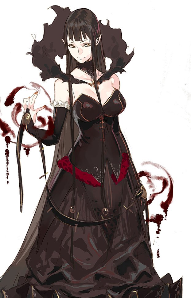 1girl bangs bare_shoulders belt black_dress black_gloves black_hair blood blunt_bangs breasts bridal_gauntlets cleavage closed_mouth detached_collar dress fate/apocrypha fate_(series) fingernails frilled_gloves frills full_body gloves hagoromo hair_between_breasts hand_up long_hair looking_at_viewer magic nail_polish pako pointy_ears red_nails semiramis_(fate) shawl sidelocks simple_background solo very_long_hair white_background yellow_eyes