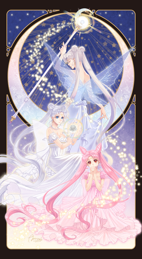 3girls bare_shoulders bishoujo_senshi_sailor_moon blue_eyes chibi_usa closed_eyes covered_mouth crescent detached_sleeves double_bun dress floating_object hands_clasped jewelry long_hair maboroshi_no_ginzuishou mother_and_daughter multiple_girls necklace neo_queen_serenity nickii25 older own_hands_together pearl_necklace pink_dress pink_hair puffy_short_sleeves puffy_sleeves queen_serenity red_eyes see-through short_sleeves silver_hair small_lady_serenity staff star tsukino_usagi twintails very_long_hair white_dress