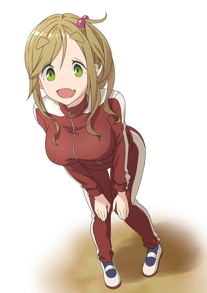 1girl blush breasts brown_hair eyebrows_visible_through_hair fang green_eyes hands_on_own_thighs inuyama_aoi jacket kuro_oolong large_breasts leaning_forward long_hair looking_at_viewer open_mouth side_ponytail smile solo thick_eyebrows track_jacket track_suit yurucamp