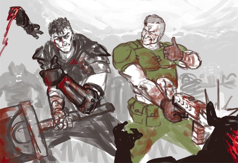 2boys armor artist_request berserk blood blood_on_face bloody_clothes crossover demon doom_(game) doomguy grin gun guts mechanical_arm multiple_boys smile sword thumbs_up weapon