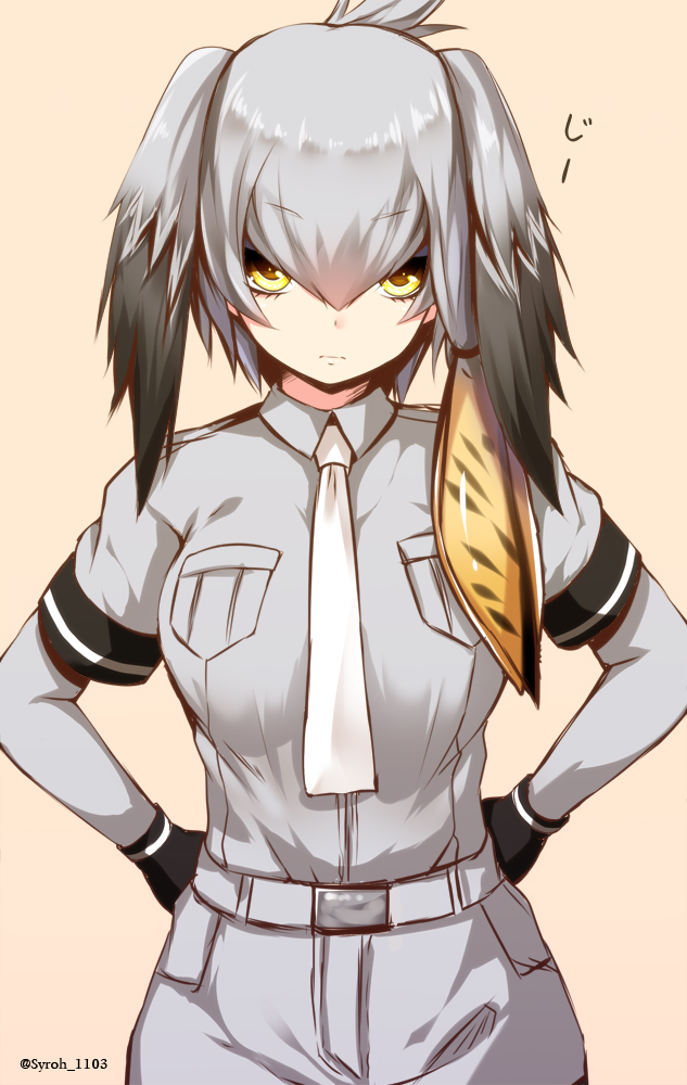 bangs belt_buckle black_hair breast_pocket buckle closed_mouth collared_shirt cowboy_shot elbow_gloves eyebrows_visible_through_hair gloves grey_shirt grey_shorts hair_between_eyes hands_on_hips kemono_friends long_hair looking_at_viewer multicolored_hair necktie pocket shiny shiny_hair shirt shoebill_(kemono_friends) short_sleeves shorts silver_hair simple_background standing staring syroh twintails twitter_username two-tone_hair white_neckwear wing_collar yellow_background