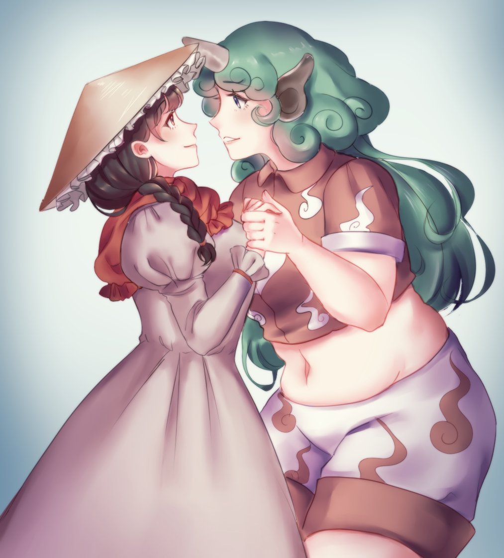2girls ajirogasa belly breasts capelet chocolate_hair collared_shirt crop_top curly_hair dress eye_contact green_eyes green_hair hand_holding hat height_difference horn imminent_kiss komano_aun large_breasts long_hair looking_at_another midriff multiple_girls navel orz_(kagewaka) parted_lips plump shirt touhou yatadera_narumi yuri