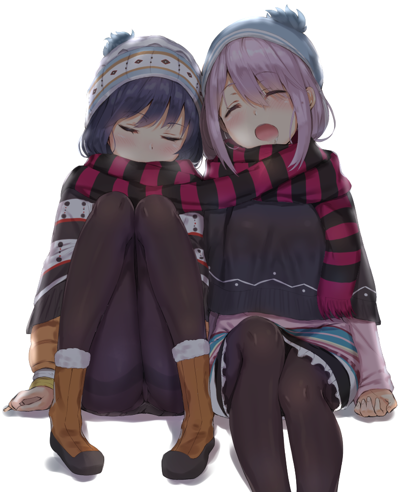 2girls blue_hair boots closed_eyes drooling fur_trim hat leaning_on_person legs_up multiple_girls open_mouth pantyhose pink_hair reinama scarf shared_scarf sitting sleeping white_background yurucamp