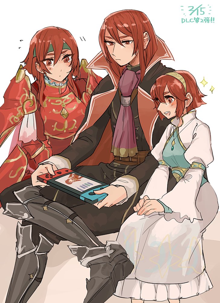 2girls armor blush boots dress fire_emblem fire_emblem:_mystery_of_the_emblem fire_emblem_musou gloves hairband headband long_hair maria_(fire_emblem) minerva_(fire_emblem) misheil_(fire_emblem) multiple_girls nintendo_switch open_mouth red_eyes redhead short_hair siblings sisters smile tnmrdgr white_background