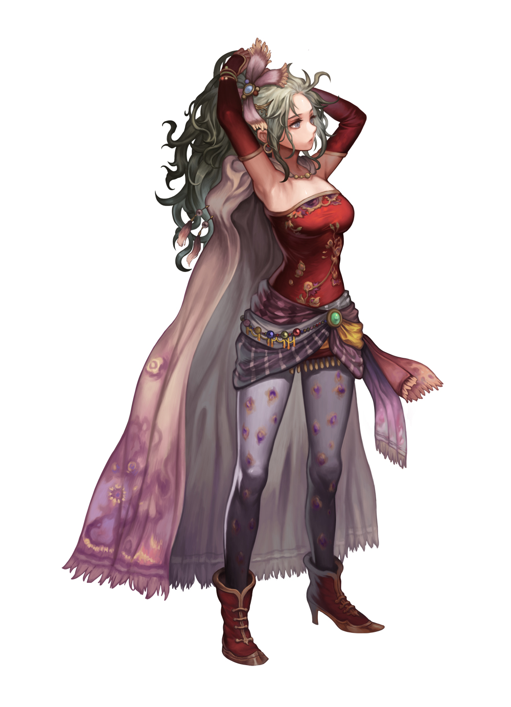 1girl ankle_boots armpits bare_shoulders blue_eyes boots breasts cape closed_mouth clothes_around_waist collarbone detached_sleeves dress expressionless eyebrows eyelashes facing_away final_fantasy final_fantasy_vi forehead full_body gem green_hair hair_ornament hair_up high_heel_boots high_heels high_ponytail highres lapucelle_(arasoo1210) legs_apart long_hair long_sleeves looking_away medium_breasts pantyhose purple_legwear red_dress red_footwear short_dress simple_background solo standing strapless strapless_dress tassel tina_branford wavy_hair white_background