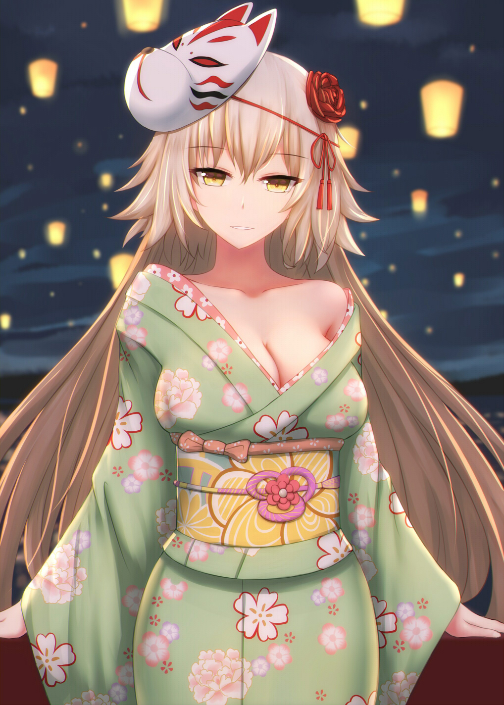 1girl blonde_hair breasts cleavage collarbone cowboy_shot dylannn eyebrows_visible_through_hair fate/grand_order fate_(series) floating_hair flower green_kimono hair_between_eyes hair_flower hair_ornament highres japanese_clothes jeanne_d'arc_(alter)_(fate) jeanne_d'arc_(fate)_(all) kimono lantern large_breasts long_hair mask mask_on_head night obi off_shoulder outdoors parted_lips red_flower sash smile solo standing very_long_hair yellow_eyes yukata
