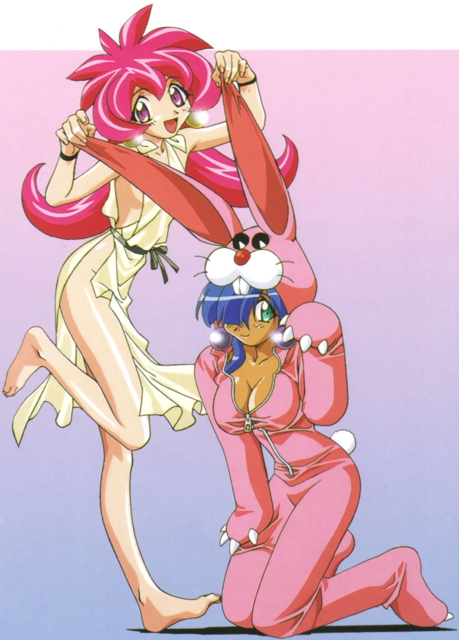 2girls 90s barefoot blue_hair breasts bunnysuit cacao_(lamune) cleavage dark_skin ear_pull earrings green_eyes hair_over_one_eye highres hood hood_up jewelry kneeling large_breasts leg_up long_hair looking_at_viewer multiple_girls no_panties official_art parfait_(lamune) partially_unzipped pink_hair shiny shiny_skin smile standing violet_eyes vs_knight_lamune_&amp;_40_fresh wristband