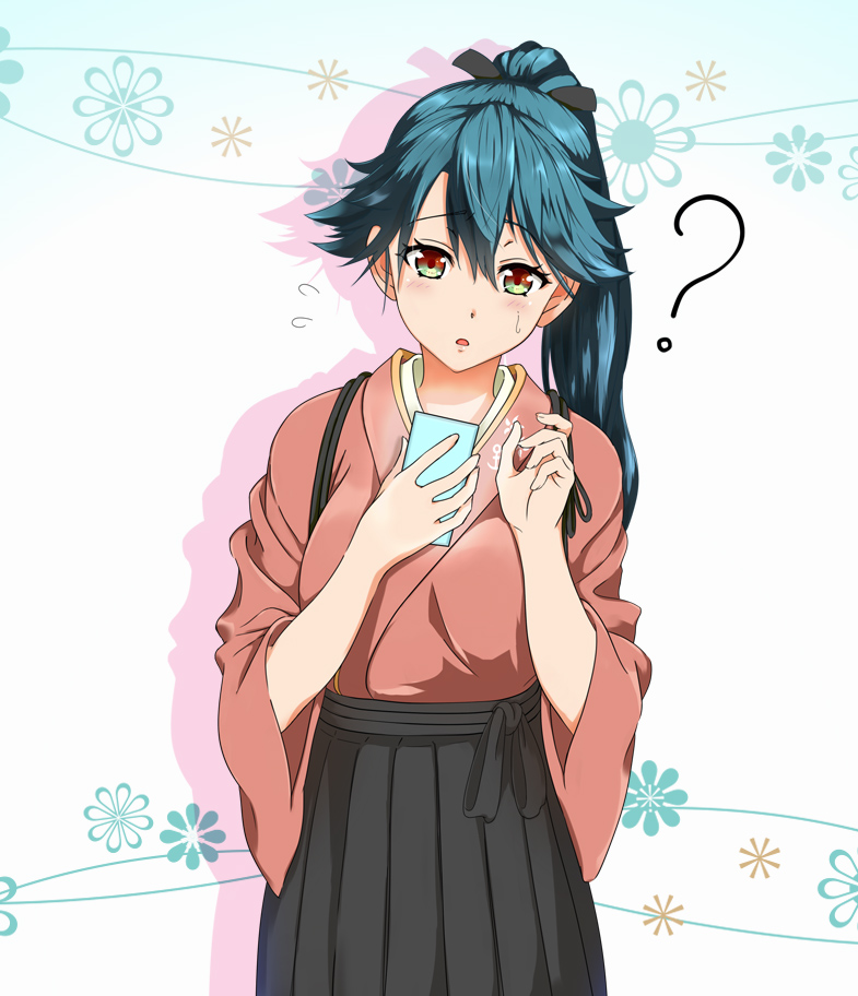 1girl :o ? artist_request bangs black_ribbon blue_hair blue_hakama blush breasts cellphone commentary cowboy_shot eyebrows_visible_through_hair floral_background flying_sweatdrops hair_between_eyes hair_ribbon hakama holding holding_phone houshou_(kantai_collection) japanese_clothes kantai_collection kimono long_hair long_sleeves phone pink_kimono ponytail ribbon smartphone solo sweatdrop swept_bangs tasuki wide_sleeves