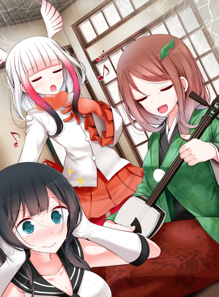 3girls @_@ agano_(kantai_collection) aqua_eyes arms_up bangs bare_shoulders black_hair black_sailor_collar blunt_bangs blush breasts brown_hair cleavage closed_eyes collarbone covering_ears crossover dutch_angle elbow_gloves electricity emphasis_lines eyebrows_visible_through_hair fur_collar futatsuiwa_mamizou gloves gradient_eyes green_kimono hair_ornament hand_on_own_chest head_wings indoors instrument japanese_clothes japanese_crested_ibis_(kemono_friends) kantai_collection kemono_friends kimono leaf_hair_ornament lightning_bolt long_hair long_sleeves medium_breasts multicolored multicolored_eyes multiple_girls music musical_note nose_blush oouso open_mouth orange_skirt pantyhose pink_hair playing_instrument pleated_skirt pleated_sleeves quaver raised_eyebrows red_gloves red_legwear sailor_collar shamisen shirt singing sitting skirt sleeveless sleeveless_shirt standing swept_bangs tail tearing_up tears touhou white_gloves white_hair white_shirt wide_sleeves