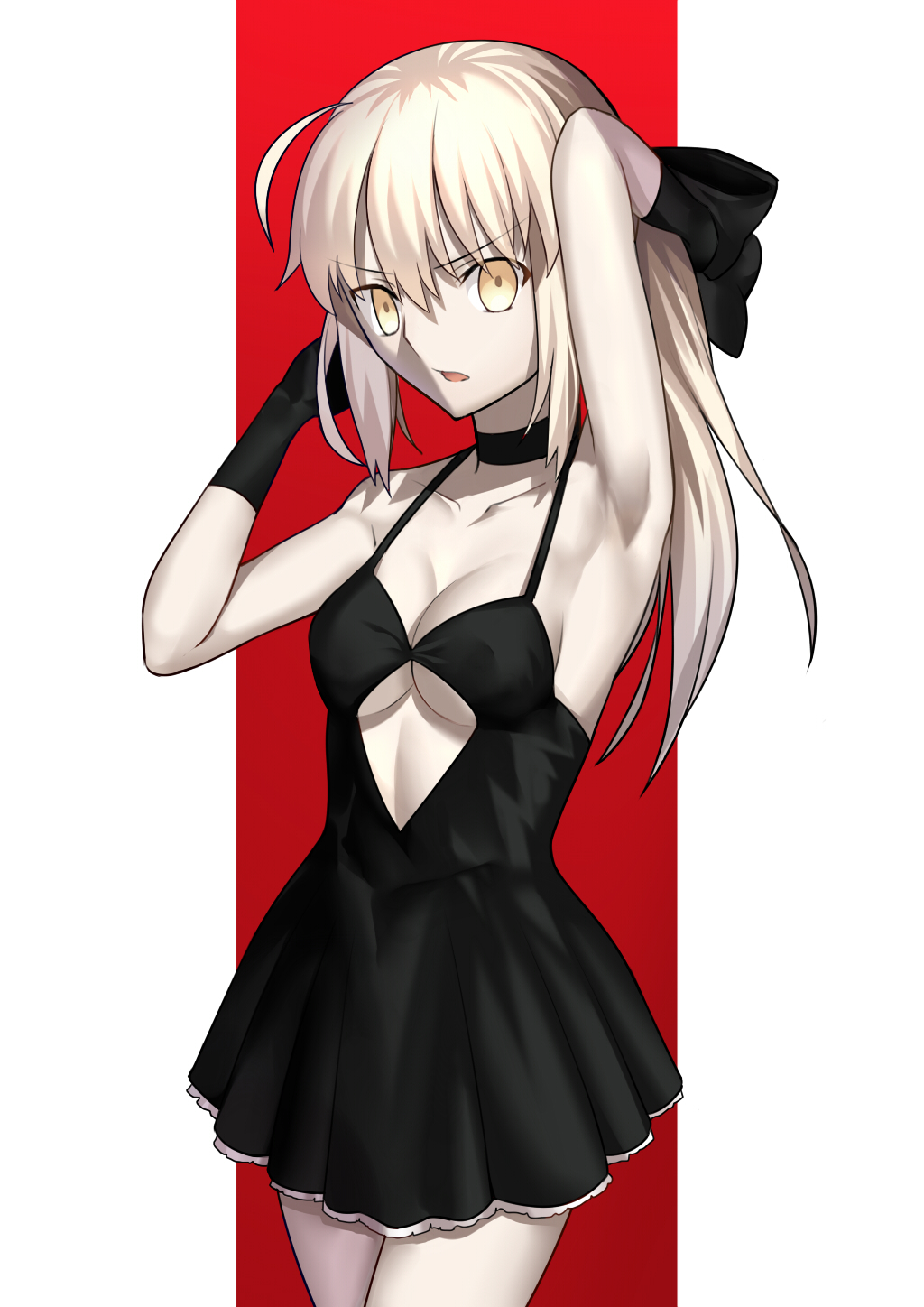 1girl ahoge arm_up armpits artoria_pendragon_(all) besmiled black_dress black_gloves blonde_hair breasts cleavage collarbone cowboy_shot cutout dress erect_nipples eyebrows_visible_through_hair fate/stay_night fate_(series) floating_hair gloves hair_between_eyes hands_in_hair highres long_hair medium_breasts open_mouth saber_alter short_dress sideboob simple_background sleeveless sleeveless_dress solo under_boob very_long_hair white_background yellow_eyes