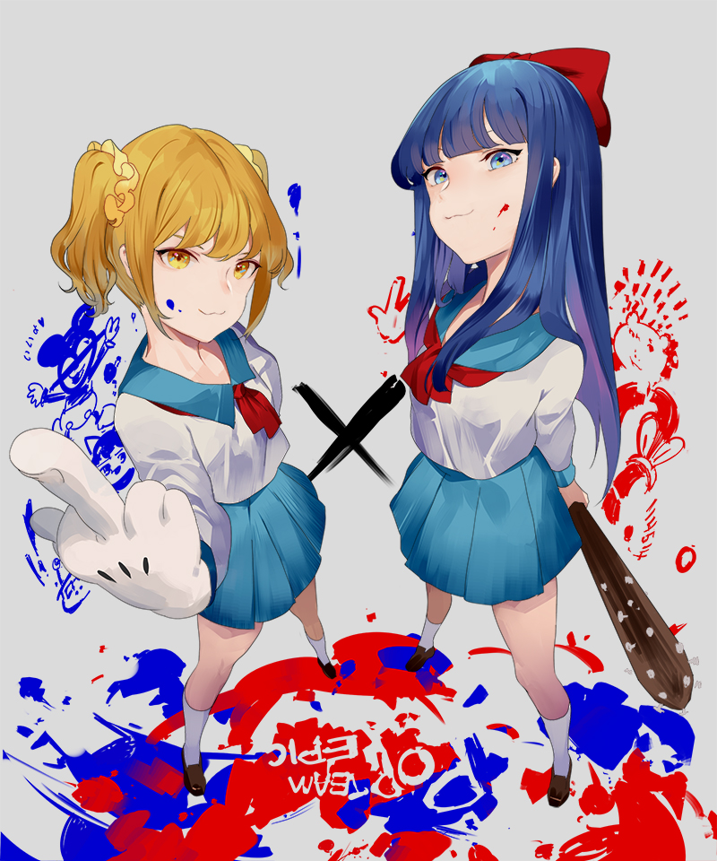 2girls blonde_hair blue_eyes blue_hair censored disney epic_mickey hillly_(maiwetea) looking_at_viewer mickey_mouse middle_finger multiple_girls no_eyes oswald_the_lucky_rabbit parody personification pipimi poptepipic popuko school_uniform smile solo weapon yellow_eyes