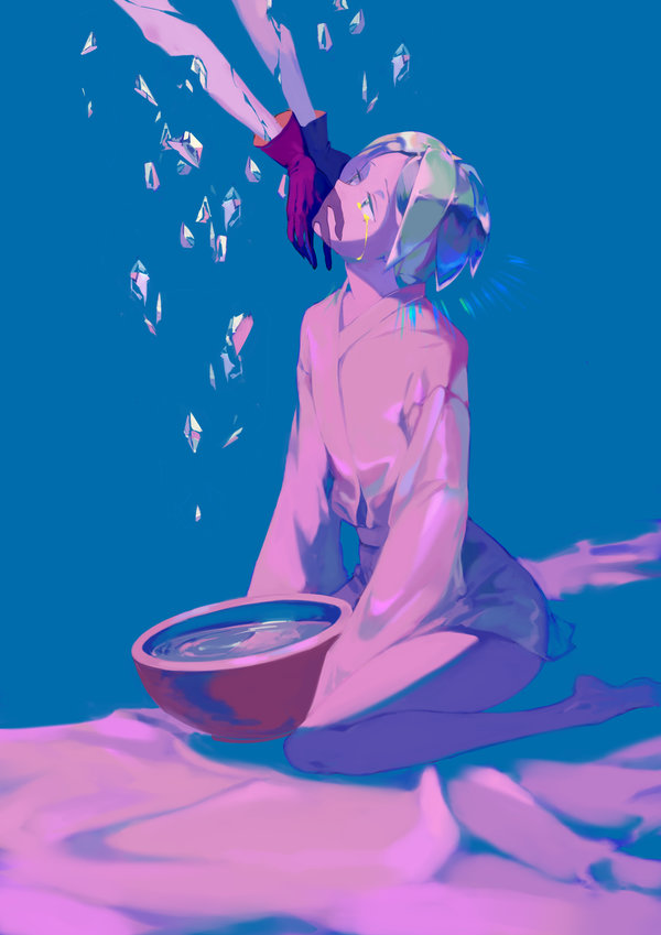 androgynous antarcticite bowl broken crying crying_with_eyes_open gem gloves green_eyes green_hair houseki_no_kuni japanese_clothes out_of_frame phosphophyllite short_hair sitting tamomoko tears wariza water