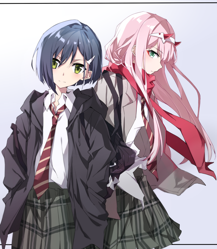 2girls aqua_eyes bag bangs black_coat blue_hair blush closed_mouth coat collared_shirt darling_in_the_franxx eyebrows_visible_through_hair eyeshadow gradient gradient_background green_eyes green_skirt grey_background grey_coat hair_ornament hairband hairclip hands_in_pockets horns ichigo_(darling_in_the_franxx) long_sleeves looking_at_viewer makeup medium_skirt multiple_girls necktie open_clothes open_coat pink_hair plaid plaid_skirt profile red_neckwear red_scarf scarf school_uniform serious shirt short_hair shoulder_bag skirt smile striped_neckwear tsuedzu v-shaped_eyebrows white_hairband white_shirt wing_collar zero_two_(darling_in_the_franxx)