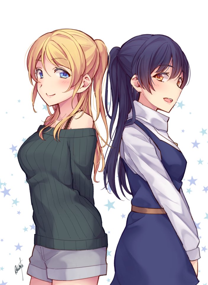 2girls alternate_hairstyle arms_behind_back ayase_eli back-to-back bangs bare_shoulders blonde_hair blue_dress blue_hair closed_mouth commentary_request dress from_side hair_between_eyes hatagaya long_hair long_sleeves looking_at_viewer love_live! love_live!_school_idol_project multiple_girls open_mouth ponytail shorts simple_background smile sonoda_umi star yellow_eyes