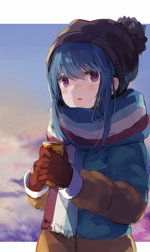 1girl beanie blue_hair blush brown_gloves can gloves hat long_hair looking_at_viewer open_mouth outdoors roll_okashi scarf shima_rin solo violet_eyes yurucamp