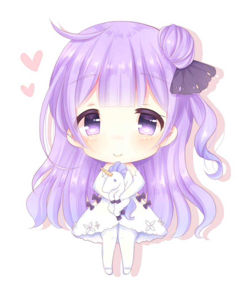 1girl ahoge azur_lane bangs black_bow black_ribbon blush bow caramel_(caramelmilk) chibi closed_mouth commentary_request doll_hug dress elbow_gloves eyebrows_visible_through_hair full_body gloves hair_bun hair_ribbon heart long_hair looking_at_viewer object_hug one_side_up pantyhose purple_hair ribbon side_bun simple_background smile solo standing stuffed_animal stuffed_pegasus stuffed_toy stuffed_unicorn thigh-highs unicorn_(azur_lane) violet_eyes white_dress white_footwear white_gloves white_legwear