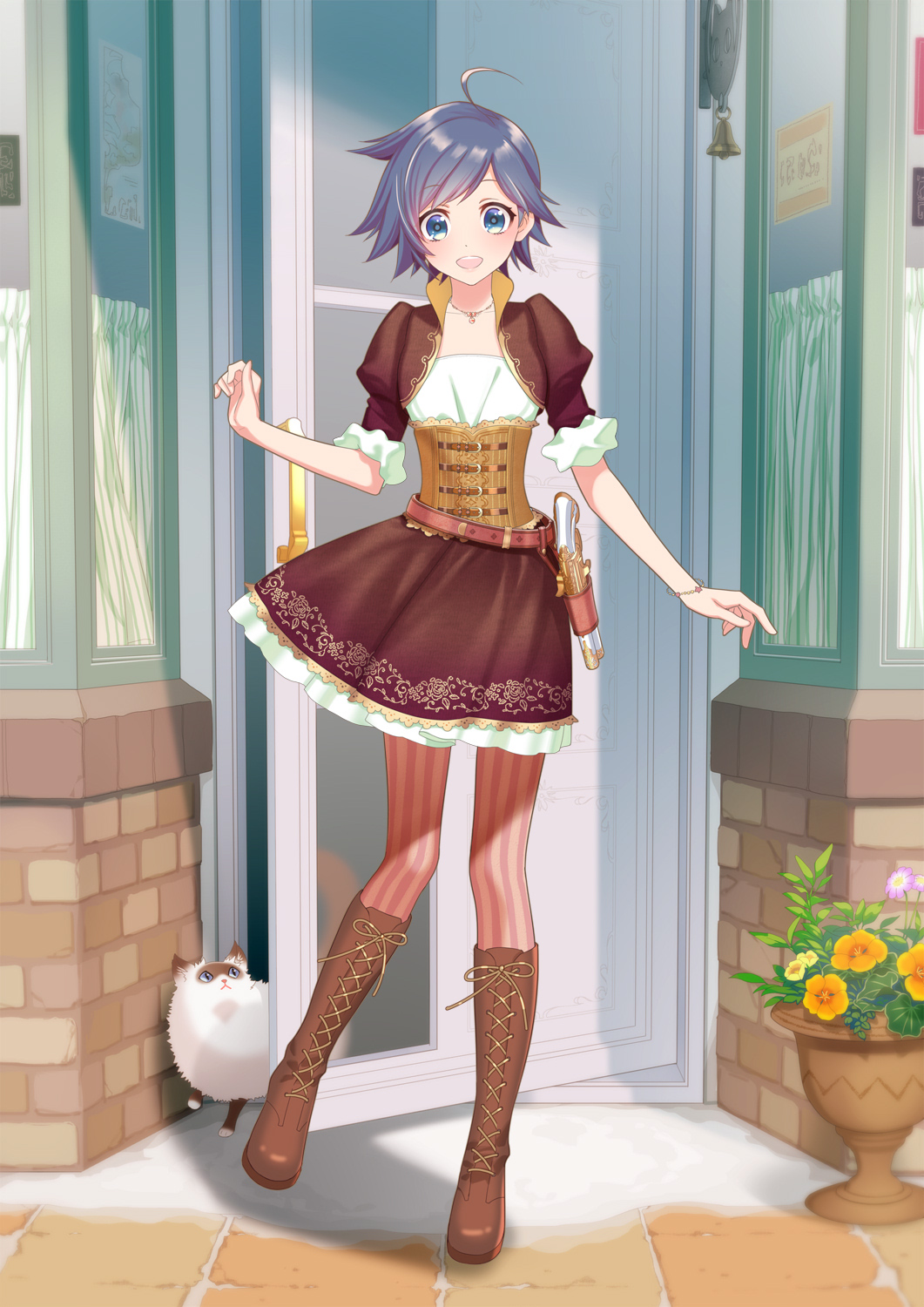 1girl ahoge bell belt blue_eyes blue_hair boots bracelet cat contrapposto cross-laced_footwear curtains day dress floral_print flower gun hand_up handgun highres holster holstered_weapon jewelry knee_boots layered_dress looking_at_viewer necklace nno_(nocturnal_blue) open_door open_mouth original outdoors pantyhose purple_skirt sett short_hair skirt snow solo standing standing_on_one_leg steampunk storefront striped striped_legwear underbust vase weapon