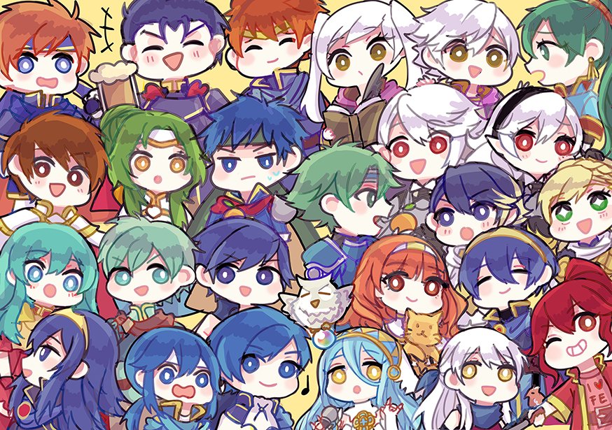 alfonse_(fire_emblem) alm_(fire_emblem) anklet anna_(fire_emblem) aqua_(fire_emblem_if) aqua_hair armor bird blonde_hair blue_eyes blue_hair blue_scarf blush cape celica_(fire_emblem) celice_(fire_emblem) dress eirika elbow_gloves elincia_ridell_crimea eliwood_(fire_emblem) ephraim faithoala feh_(fire_emblem_heroes) female_my_unit_(fire_emblem:_kakusei) female_my_unit_(fire_emblem_if) fingerless_gloves fire_emblem fire_emblem:_akatsuki_no_megami fire_emblem:_fuuin_no_tsurugi fire_emblem:_kakusei fire_emblem:_mystery_of_the_emblem fire_emblem:_seima_no_kouseki fire_emblem:_seisen_no_keifu fire_emblem:_souen_no_kiseki fire_emblem_echoes:_mou_hitori_no_eiyuuou fire_emblem_heroes fire_emblem_if gloves green_hair hair_between_eyes headband hector_(fire_emblem) ike jewelry krom long_hair looking_at_viewer lucina male_my_unit_(fire_emblem:_kakusei) male_my_unit_(fire_emblem_if) mamkute marth micaiah microphone multiple_boys multiple_girls musical_note my_unit_(fire_emblem:_kakusei) my_unit_(fire_emblem_if) open_mouth owl ponytail red_eyes redhead robe roy_(fire_emblem) scarf sharena short_hair sigurd_(fire_emblem) silver_hair smile tiara twintails veil violet_eyes yellow_eyes