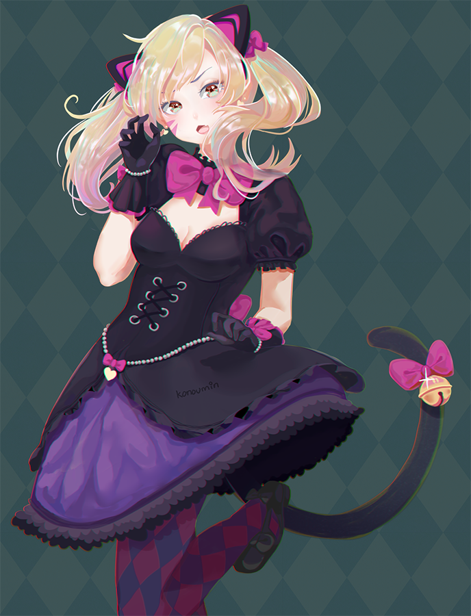 1girl :o alternate_costume animal_ears argyle argyle_legwear artist_name bangs beads bell black_cat_d.va black_dress black_gloves blonde_hair blush bow breasts cat_ears cleavage corset d.va_(overwatch) dress fang full_body gloves hand_up heart high_heels jewelry jingle_bell konoumin lolita_fashion looking_at_viewer one_leg_raised open_mouth overwatch pantyhose pink_bow puffy_short_sleeves puffy_sleeves purple_skirt short_sleeves skirt solo standing tail tail_bell twintails yellow_eyes