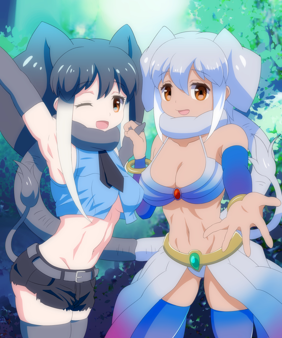 2girls :d ;d african_elephant_(kemono_friends) animal_ears arm_up armpits bare_shoulders belt bikini black_gloves black_hair black_legwear black_neckwear black_shorts blue_legwear blue_shirt breasts brown_eyes cleavage cowboy_shot crop_top cropped_shirt cutoffs dark_skin day denim denim_shorts elbow_gloves elephant_ears elephant_tail extra_ears eyebrows_visible_through_hair glives gloves hand_holding hand_up hands_op indian_elephant_(kemono_friends) interlocked_fingers kemono_friends long_hair looking_at_viewer midriff multicolored_hair multiple_girls navel necktie no_bra one_eye_closed open_mouth outdoors outstretched_arm quatre_aaaa reaching_out scarf shiny shiny_hair shirt short_hair short_shorts shorts silver_hair skindentation sleeveless sleeveless_shirt smile standing stomach swimsuit tail thigh-highs toned two-tone_hair white_hair
