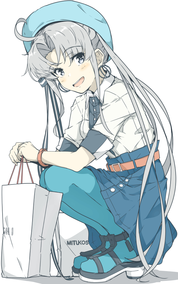 1girl :d ahoge akitsushima_(kantai_collection) alternate_costume bag blue_hat earrings hat jewelry kantai_collection long_hair mitsukoshi_(department_store) ninimo_nimo open_mouth product_placement purple_hair shopping_bag short_sleeves side_ponytail sidelocks simple_background smile solo violet_eyes white_background