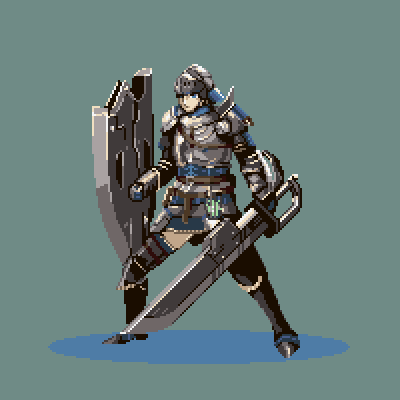 1girl armor armored_boots belt blue_eyes blue_hair boots breastplate charge_blade chibi_inu closed_mouth full_body gauntlets helmet holding holding_shield holding_sword holding_weapon insect_cage knight long_hair looking_afar lowres metal monster_hunter monster_hunter:_world pixel_art shield solo standing sword thigh-highs weapon zettai_ryouiki