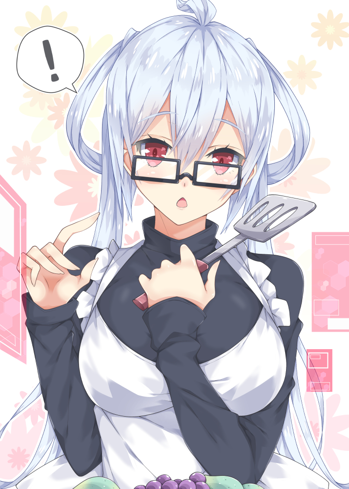 ! 1girl ahoge apron black-framed_eyewear black_shirt blush breasts chestnut_mouth commentary_request eyebrows_visible_through_hair fingernails food fruit glasses grapes hair_between_eyes hair_rings holding long_hair long_sleeves matoi_(pso2) milkpanda parted_lips phantasy_star phantasy_star_online_2 red_eyes shirt silver_hair solo spatula spoken_exclamation_mark twintails very_long_hair white_apron