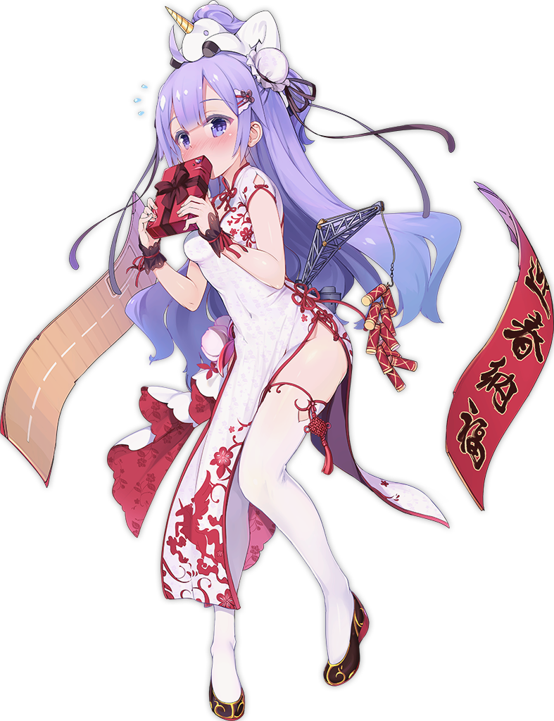 1girl azur_lane bangs black_footwear blush breasts bun_cover china_dress chinese_clothes cleavage covered_mouth covered_navel dress eyebrows eyebrows_visible_through_hair full_body gift hair_ornament holding kaede_(003591163) long_hair nose_blush object_on_head official_art purple_hair shoes short_dress side_slit simple_background small_breasts solo stuffed_unicorn tachi-e thigh-highs transparent_background unicorn_(azur_lane) violet_eyes white_dress white_legwear