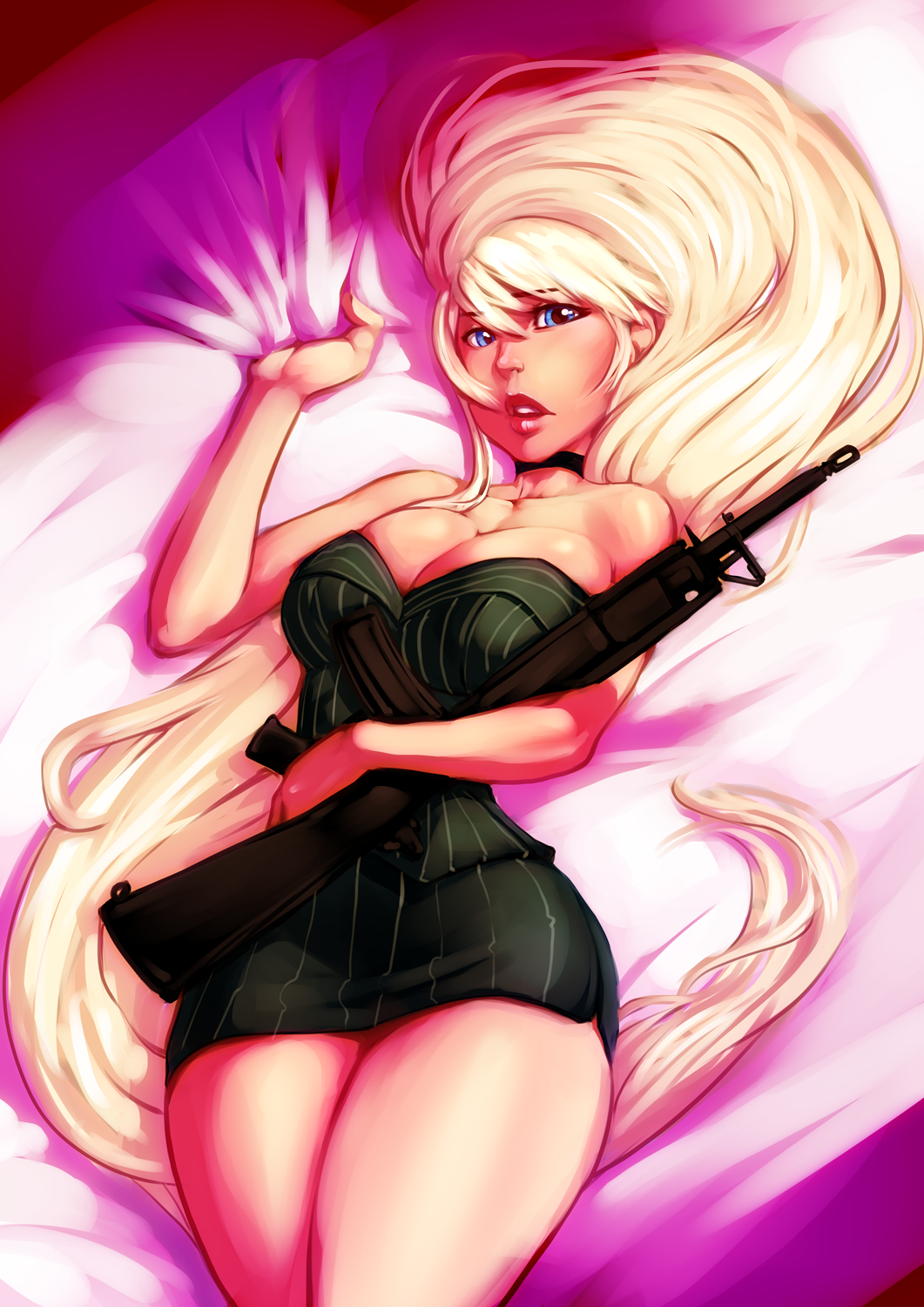 1girl absurdly_long_hair bare_shoulders battle_rifle bed_sheet blonde_hair blue_eyes breasts choker cleavage collarbone commentary commission cover_image eyebrows_visible_through_hair gun highres holding holding_weapon large_breasts lips long_hair looking_at_viewer miniskirt original parted_lips pinstripe_pattern rifle sheet_grab skirt sleeveless slender_waist solo striped sven_(svenners) very_long_hair weapon