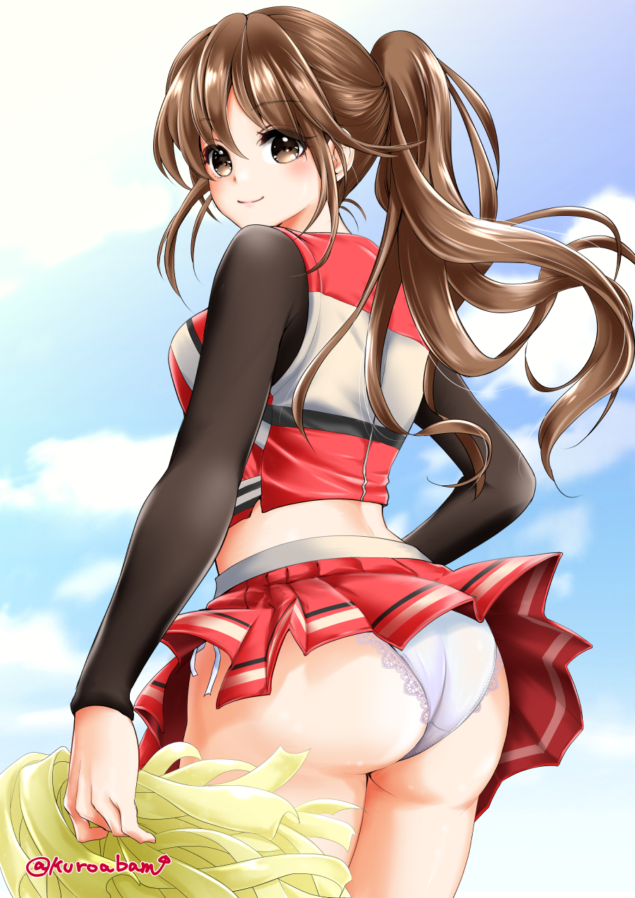 1girl ass blue_sky breasts brown_eyes brown_hair cheerleader clouds commentary_request crop_top day eyebrows_visible_through_hair eyes_visible_through_hair from_behind highres kuroba_dam lace lace-trimmed_panties legs_together long_hair long_sleeves looking_at_viewer looking_back medium_breasts miniskirt original outdoors panties pleated_skirt pom_poms ponytail red_shirt red_skirt shirt side-tie_panties skirt sky smile solo standing undershirt underwear white_panties wind wind_lift