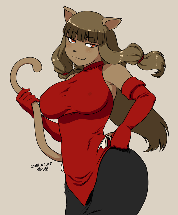 1girl animal_ears bangs black_skirt breasts cat_ears cat_tail dark_skin ecaflip elbow_gloves erect_nipples eyebrows_visible_through_hair freckles furry gloves grey_hair hand_on_hip large_breasts long_hair long_skirt miranda_(wakfu) orange_eyes red_gloves skirt sleeveless sleeveless_turtleneck smile snout solo tail taut_clothes tsukudani_(coke-buta) turtleneck wakfu