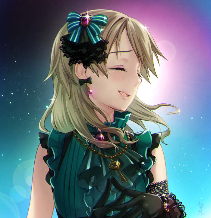 1girl alternate_hairstyle arm_garter ascot backlighting black_gloves bow bow_earrings brooch closed_eyes collar commentary_request dress earrings frilled_collar frilled_sleeves frills gloves green_dress hair_bow hair_down idolmaster idolmaster_cinderella_girls idolmaster_cinderella_girls_starlight_stage interlocked_fingers jewelry key key_necklace lace lace-trimmed_gloves light_brown_hair long_hair morikubo_nono necklace parted_lips short_sleeves signature smile solo sparkle striped striped_bow upper_body