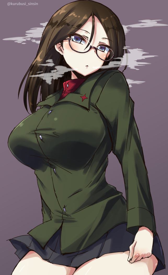 1girl bespectacled black_skirt blue_eyes breasts breath brown_hair emblem girls_und_panzer glasses green_jacket jacket long_hair long_sleeves medium_breasts miniskirt nonna pleated_skirt pravda_(emblem) pravda_school_uniform purple_background red_shirt shinshin shirt skirt solo turtleneck twitter_username