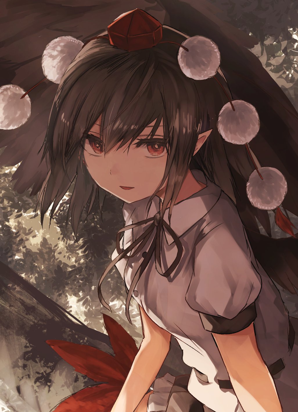 1girl bird_wings black_ribbon black_wings brown_hair collared_shirt hat highres in_tree leaf looking_at_viewer neck_ribbon open_mouth pointy_ears pom_pom_(clothes) puffy_short_sleeves puffy_sleeves red_eyes red_hat ribbon shameimaru_aya shirt short_hair short_sleeves smile solo tassel thkani tokin_hat touhou tree upper_body white_shirt wings