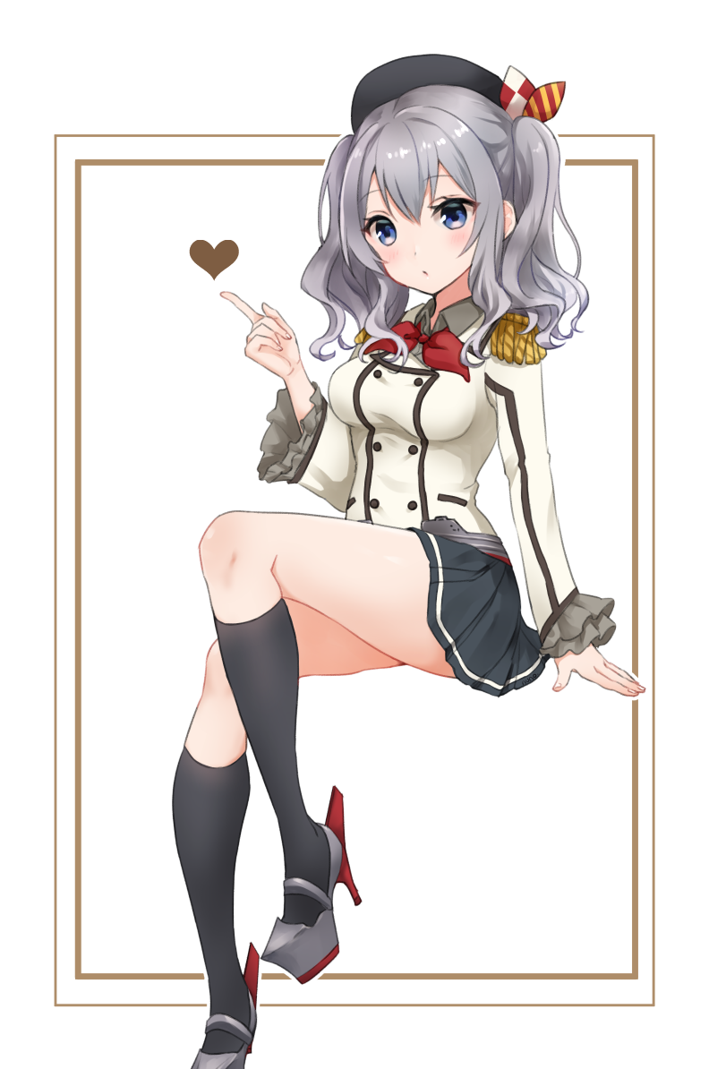 1girl :o arm_at_side bangs beret black_hat black_legwear black_skirt blue_eyes blush border breasts double-breasted epaulettes frilled_sleeves frills grey_footwear hat hat_ribbon heart index_finger_raised invisible_chair kantai_collection kashima_(kantai_collection) knee_up kneehighs long_hair long_sleeves looking_away medium_breasts military military_uniform miniskirt neck_ribbon nuno_(pppompon) parted_lips pleated_skirt red_neckwear red_ribbon ribbon shoes short_twintails silver_hair sitting skirt solo thighs twintails uniform wavy_hair white_coat