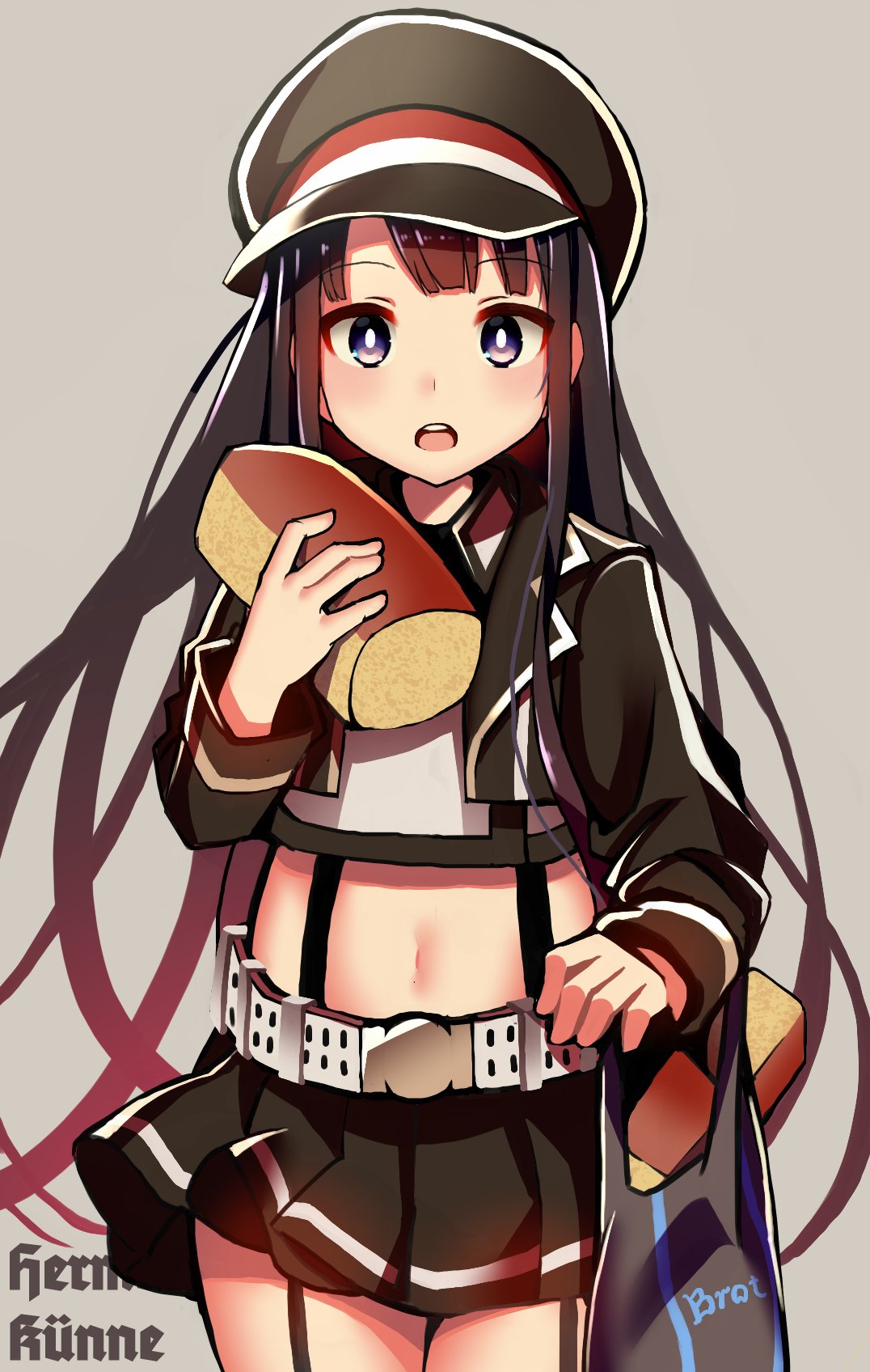 18bit 1girl azur_lane bag black_hair bread food garter_straps grey_eyes hat highres holding long_hair looking_at_viewer navel open_mouth peaked_cap plastic_bag pleated_skirt shopping_bag simple_background skirt solo z19_hermann_kunne_(azur_lane)