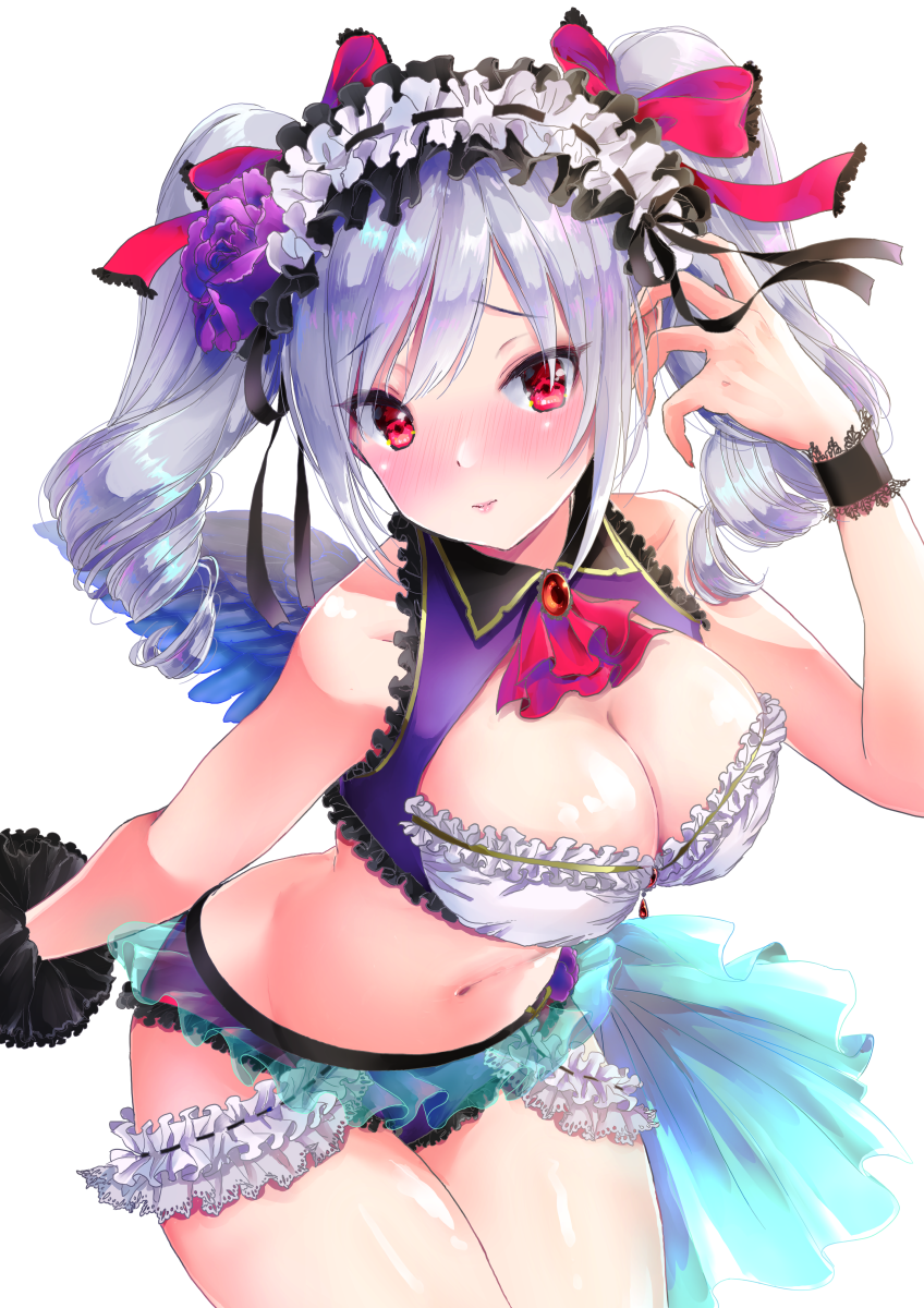 1girl artist_request bangs bare_shoulders black_ribbon bow breasts brooch cleavage cleavage_cutout cravat drill_hair flower frills gothic_lolita hair_bow hair_flower hair_ornament hair_ribbon hand_up headdress highres hips idolmaster idolmaster_cinderella_girls idolmaster_cinderella_girls_starlight_stage jewelry kanzaki_ranko large_breasts lolita_fashion long_hair looking_at_viewer midriff navel panties purple_panties red_bow red_eyes red_ribbon ribbon rose silver_hair simple_background solo swept_bangs thighs twin_drills twintails underwear waist white_background wings