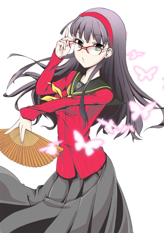 amagi_yukiko black_hair fan glasses green_eyes hairband long_hair persona persona_4