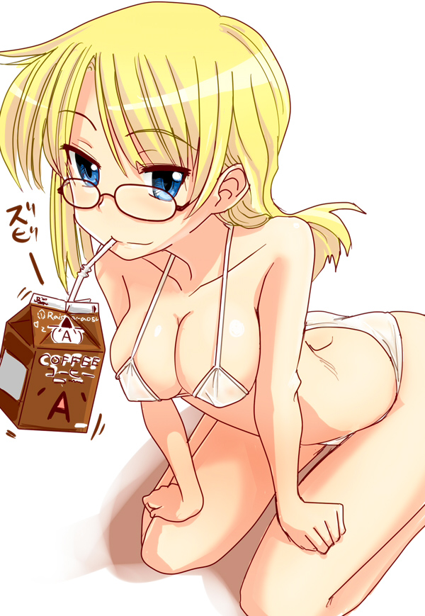 blonde_hair blue_eyes coffee drink glasses kneeling long_hair original sipping swimsuit urokozuki